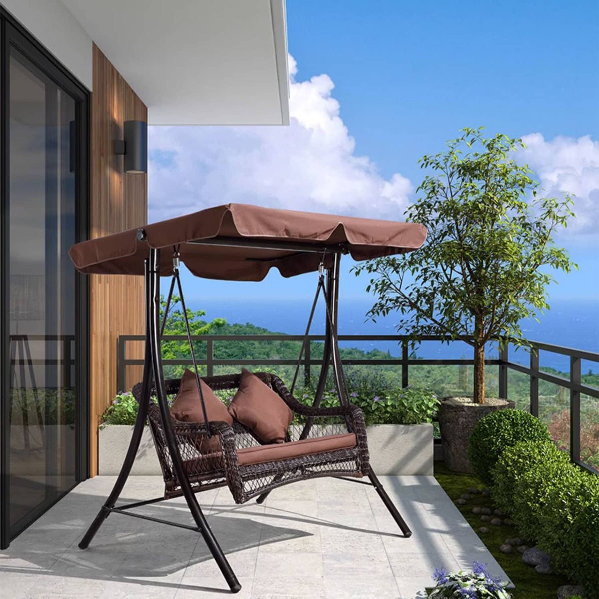 Stylish Outdoor Swing Chair in Brown PE Rattan with Sturdy Galvanized Steel Frame zy-154